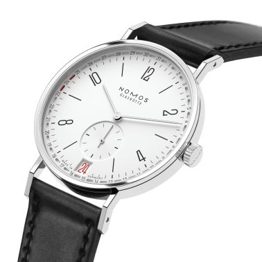 NOMOS Tangente 2date silver-white dial manual-wind black leather strap sapphire crystal back 37,5 mm