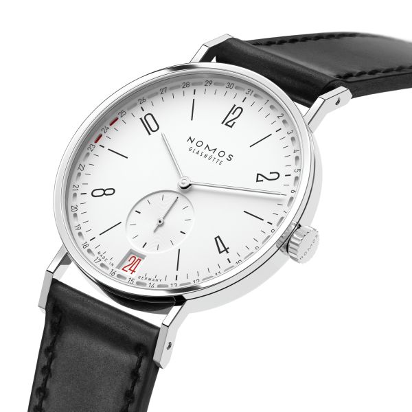 NOMOS Tangente 2date silver-white dial manual-wind black leather strap sapphire crystal back 37,5 mm