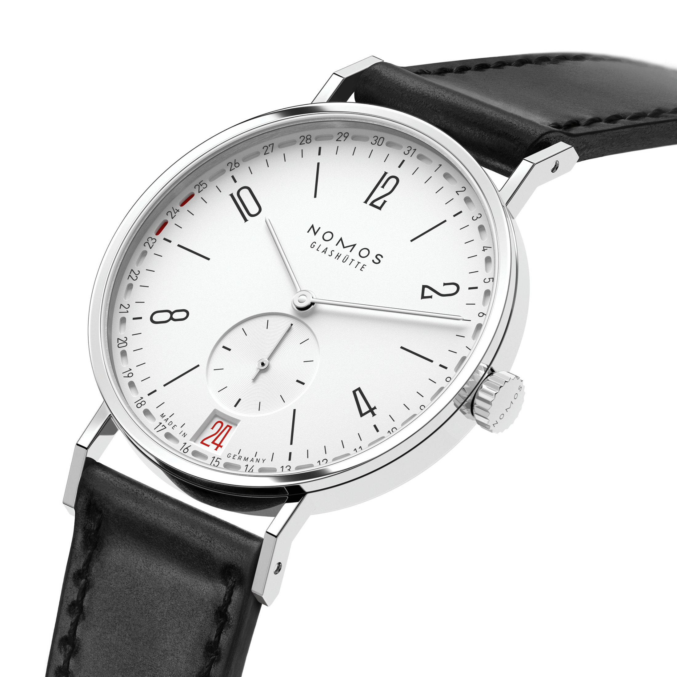 NOMOS Tangente 2date silver-white dial manual-wind black leather strap sapphire crystal back 37,5 mm
