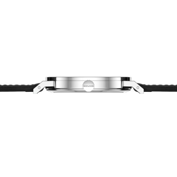NOMOS Tangente 2date silver-white dial manual-wind black leather strap sapphire crystal back 37,5 mm