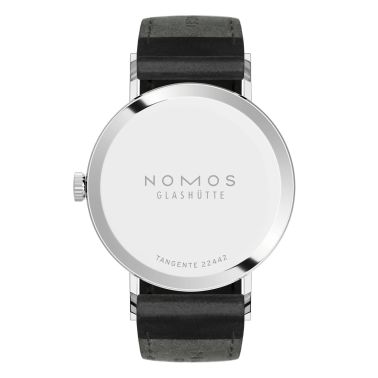 NOMOS Tangente 2date silver-white dial manual-wind black leather strap sapphire crystal back 37,5 mm