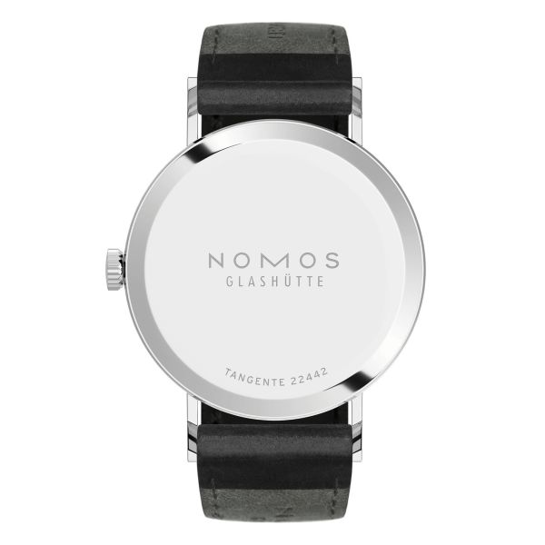 NOMOS Tangente 2date silver-white dial manual-wind black leather strap sapphire crystal back 37,5 mm