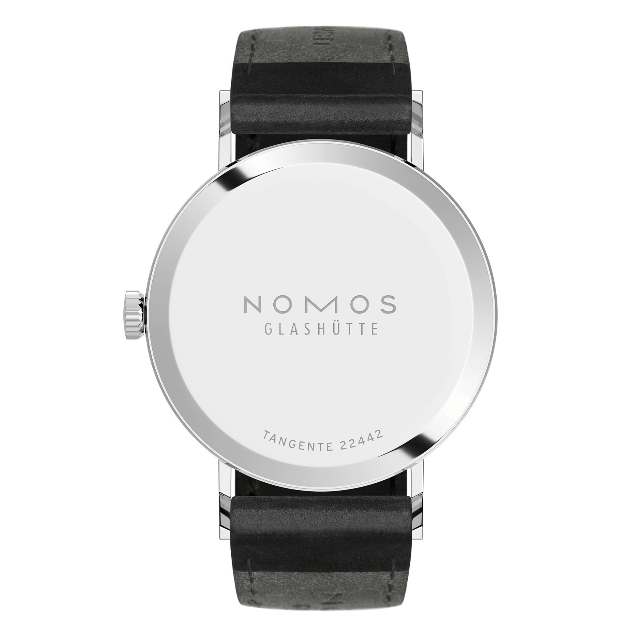 NOMOS Tangente 2date silver-white dial manual-wind black leather strap sapphire crystal back 37,5 mm