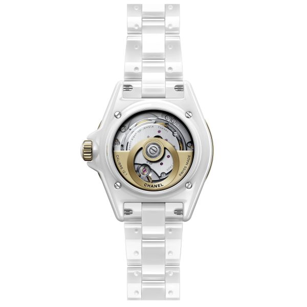 Montre CHANEL J12 GOLD Calibre 12.1 automatique index & lunette diamants cadran blanc bracelet céramique blanche 38 mm
