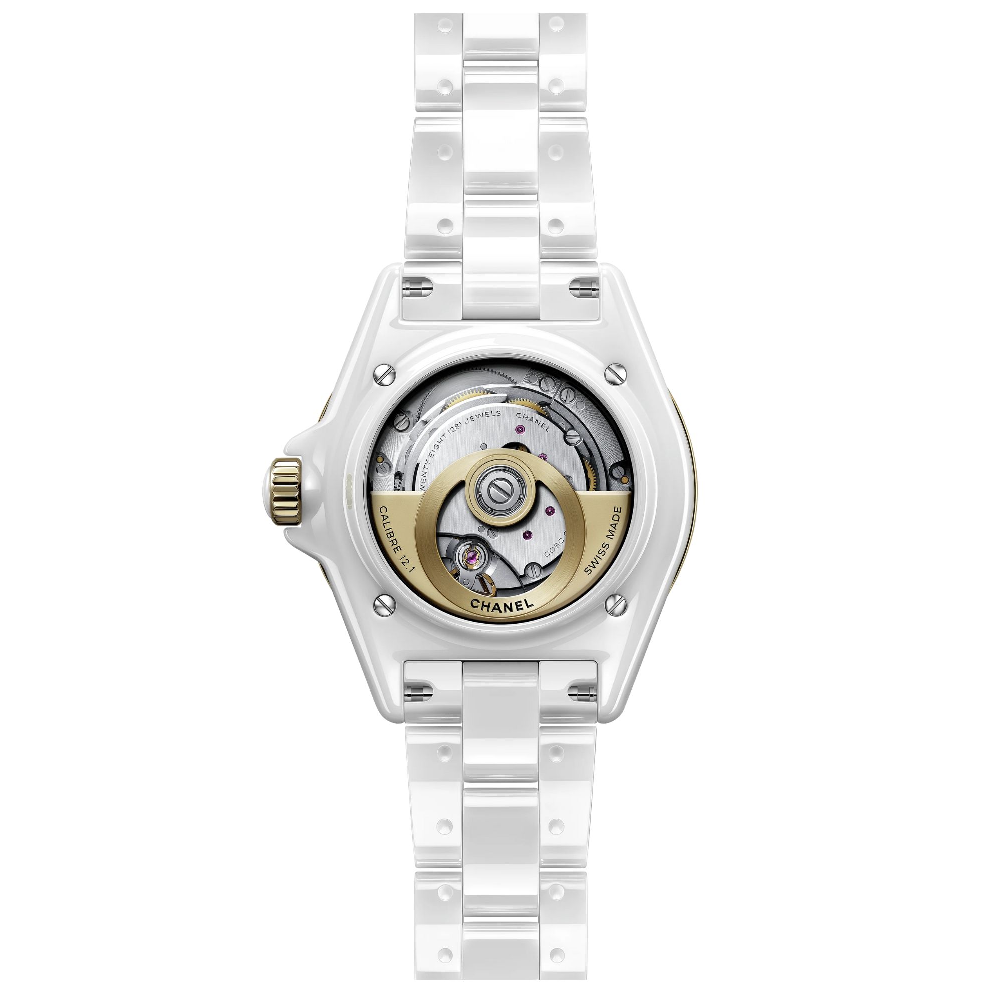 Montre CHANEL J12 GOLD Calibre 12.1 automatique index & lunette diamants cadran blanc bracelet céramique blanche 38 mm