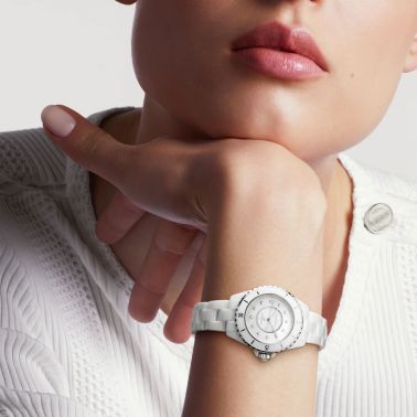 CHANEL J12 Calibre 12.2 automatic diamond hour markers white mother-of-pearl dial white ceramic bracelet 33 mm