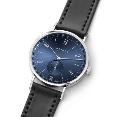 Montre NOMOS Tangente 2date cadran bleu mécanique bracelet cuir noir fond acier 37,5 mm