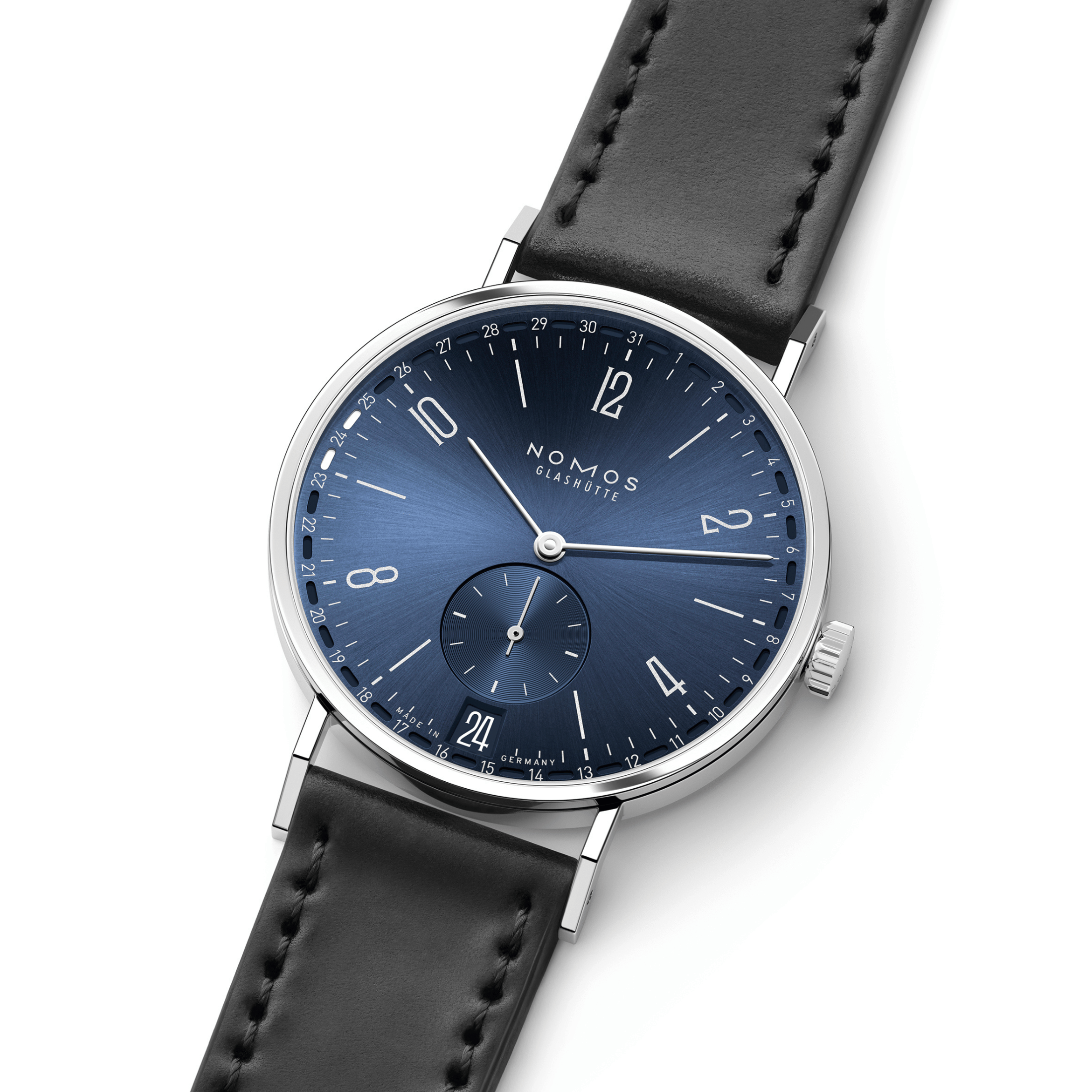 Montre NOMOS Tangente 2date cadran bleu mécanique bracelet cuir noir fond acier 37,5 mm