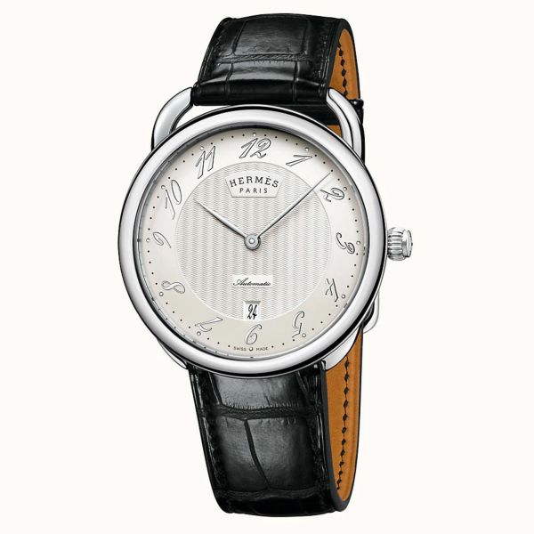 Montre HERMÈS Arceau automatique cadran blanc bracelet cuir marron foncé 40 mm
