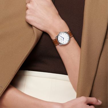 HERMÈS Arceau Grand Modèle quartz watch white lacquered dial brown leather strap 36 mm