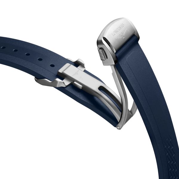 Montre Longines Conquest Chronographe automatique cadran argent bracelet caoutchouc bleu 42 mm L3.835.4.98.9