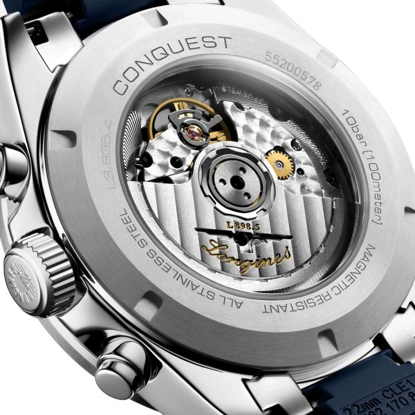 Montre Longines Conquest Chronographe automatique cadran argent bracelet caoutchouc bleu 42 mm L3.835.4.98.9