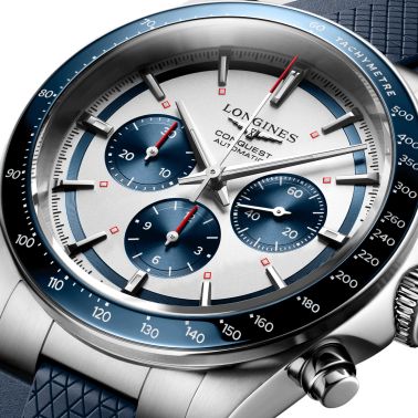 Montre Longines Conquest Chronographe automatique cadran argent bracelet caoutchouc bleu 42 mm L3.835.4.98.9