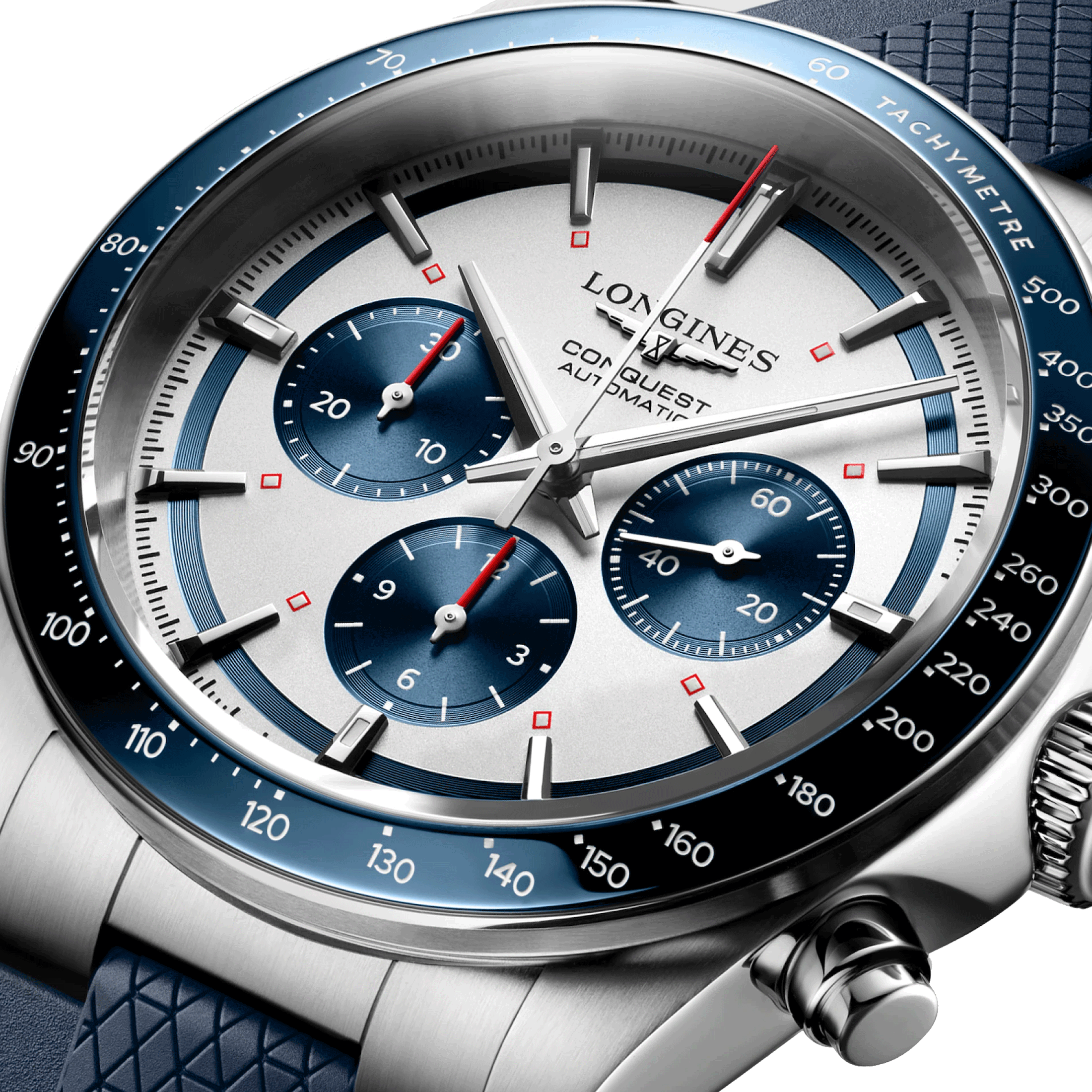 Montre Longines Conquest Chronographe automatique cadran argent bracelet caoutchouc bleu 42 mm L3.835.4.98.9