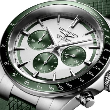 Longines Conquest Automatic Chronograph watch silver dial green rubber strap 42 mm