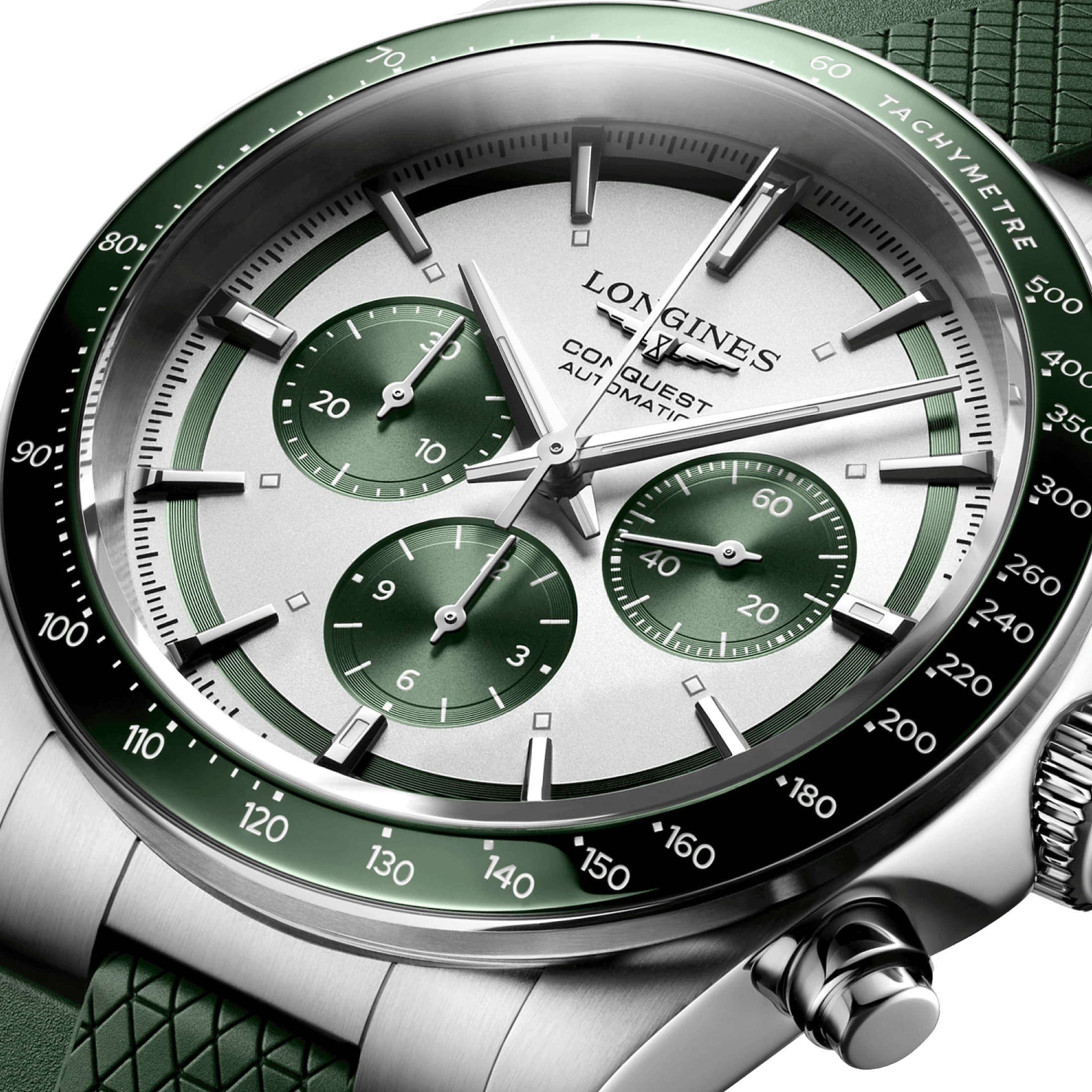 Montre Longines Conquest Chronographe automatique cadran argent bracelet caoutchouc vert 42 mm L3.835.4.02.9