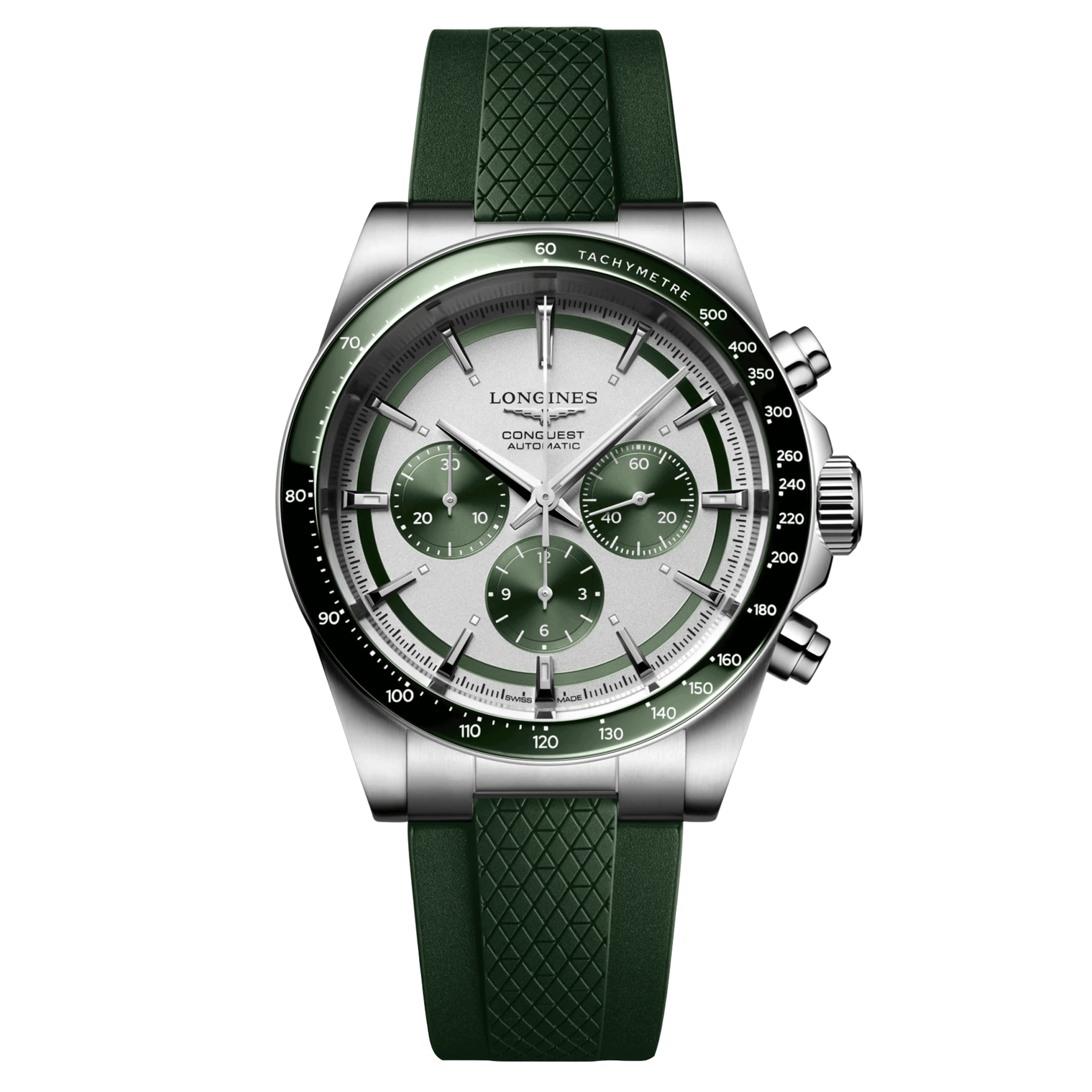 Longines Conquest Automatic Chronograph watch silver dial green rubber strap 42 mm