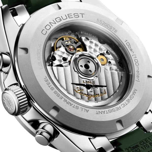 Montre Longines Conquest Chronographe automatique cadran argent bracelet caoutchouc vert 42 mm L3.835.4.02.9