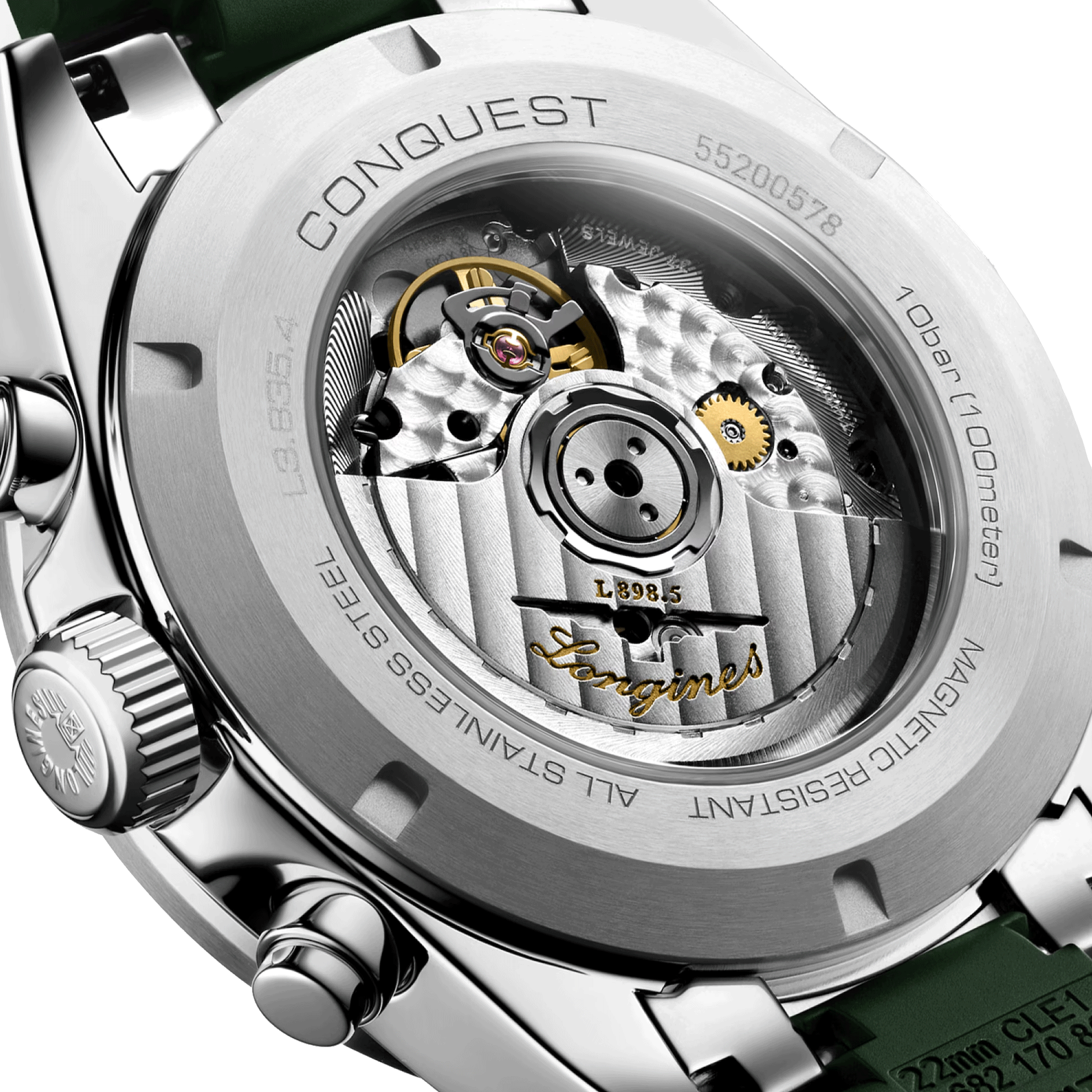 Montre Longines Conquest Chronographe automatique cadran argent bracelet caoutchouc vert 42 mm L3.835.4.02.9