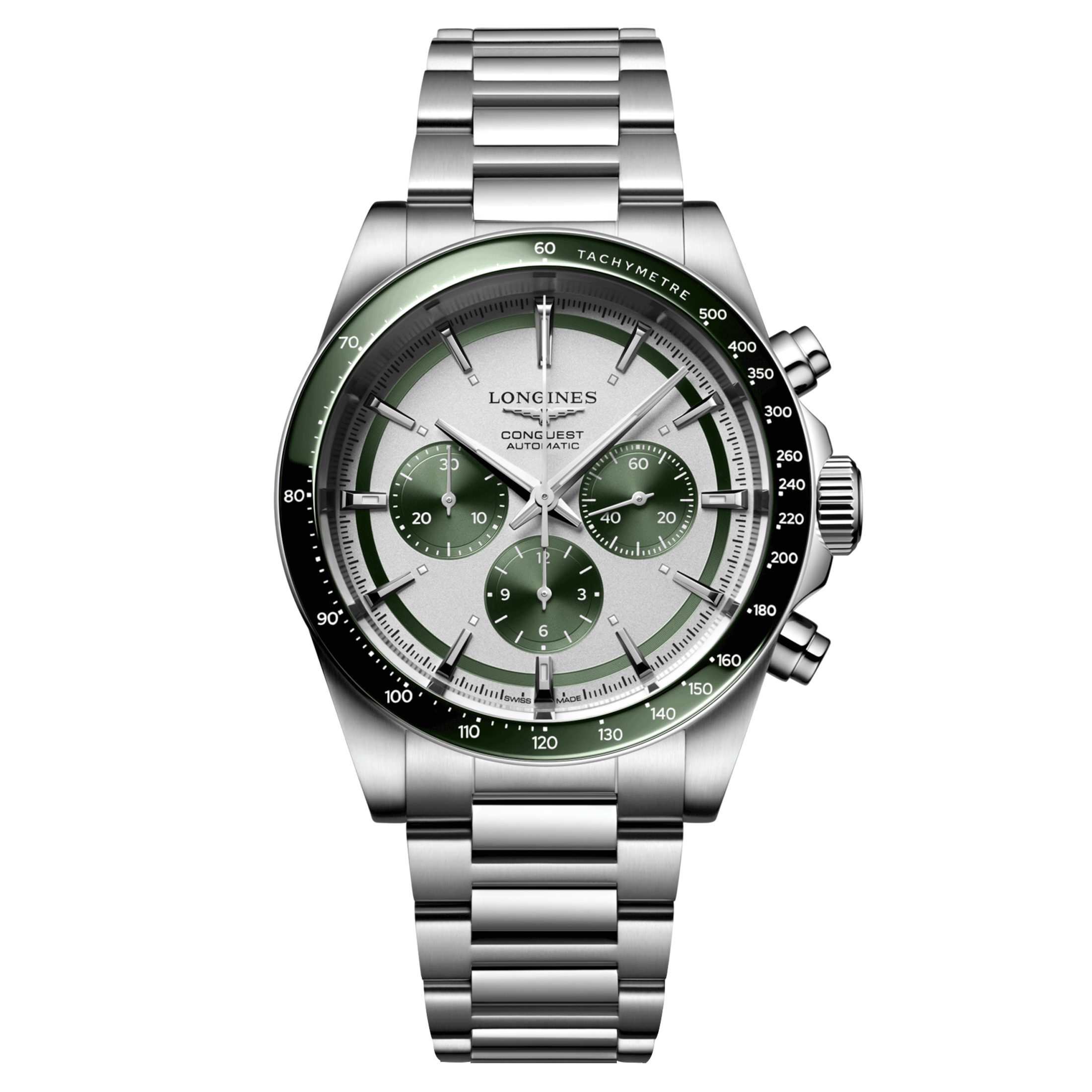 Montre Longines Conquest Chronographe automatique cadran argent et vert bracelet acier 42 mm L3.835.4.02.6
