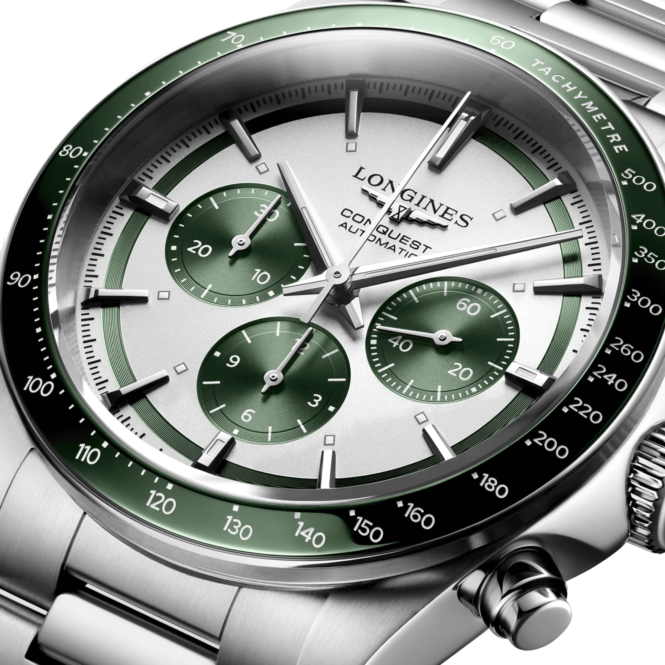 Montre Longines Conquest Chronographe automatique cadran argent et vert bracelet acier 42 mm L3.835.4.02.6