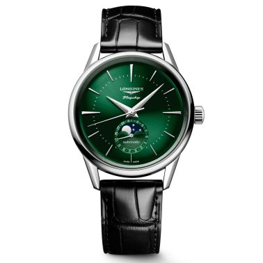 Montre Longines Flagship Heritage Phase de Lune automatique cadran vert bracelet noir 38,5 mm