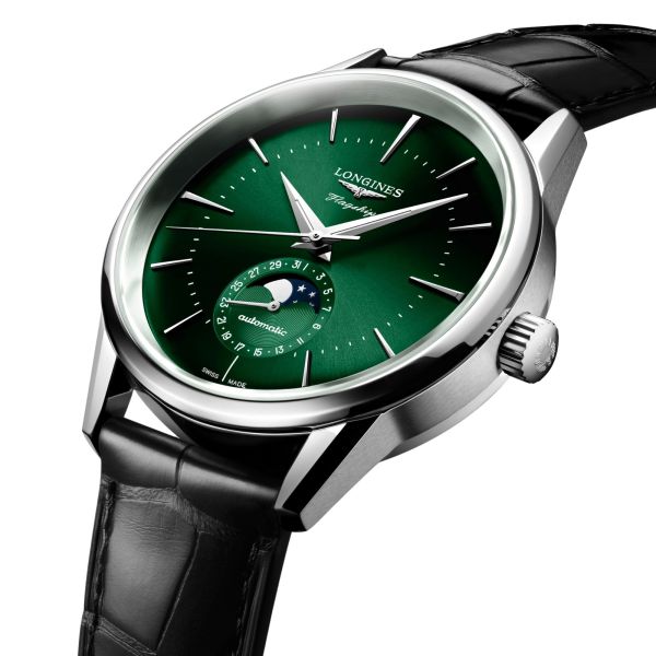 Montre Longines Flagship Heritage Phase de Lune automatique cadran vert bracelet noir 38,5 mm