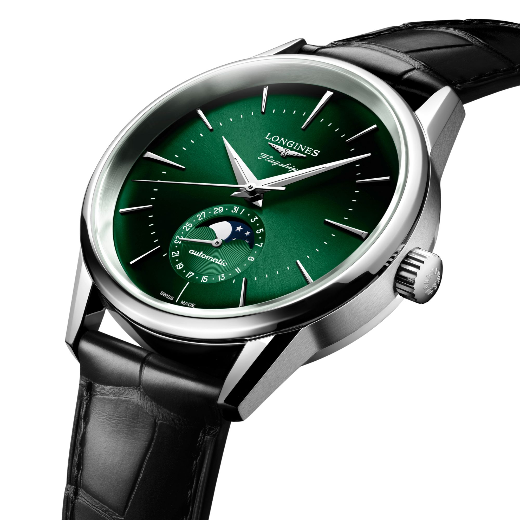 Montre Longines Flagship Heritage Phase de Lune automatique cadran vert bracelet noir 38,5 mm
