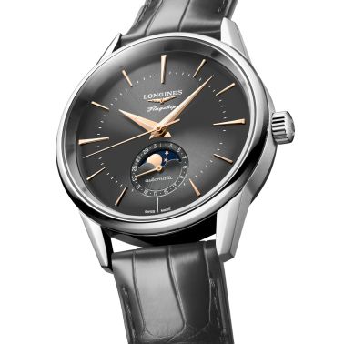 Montre Longines Flagship Heritage Phase de Lune automatique cadran anthracite bracelet noir 38,5 mm