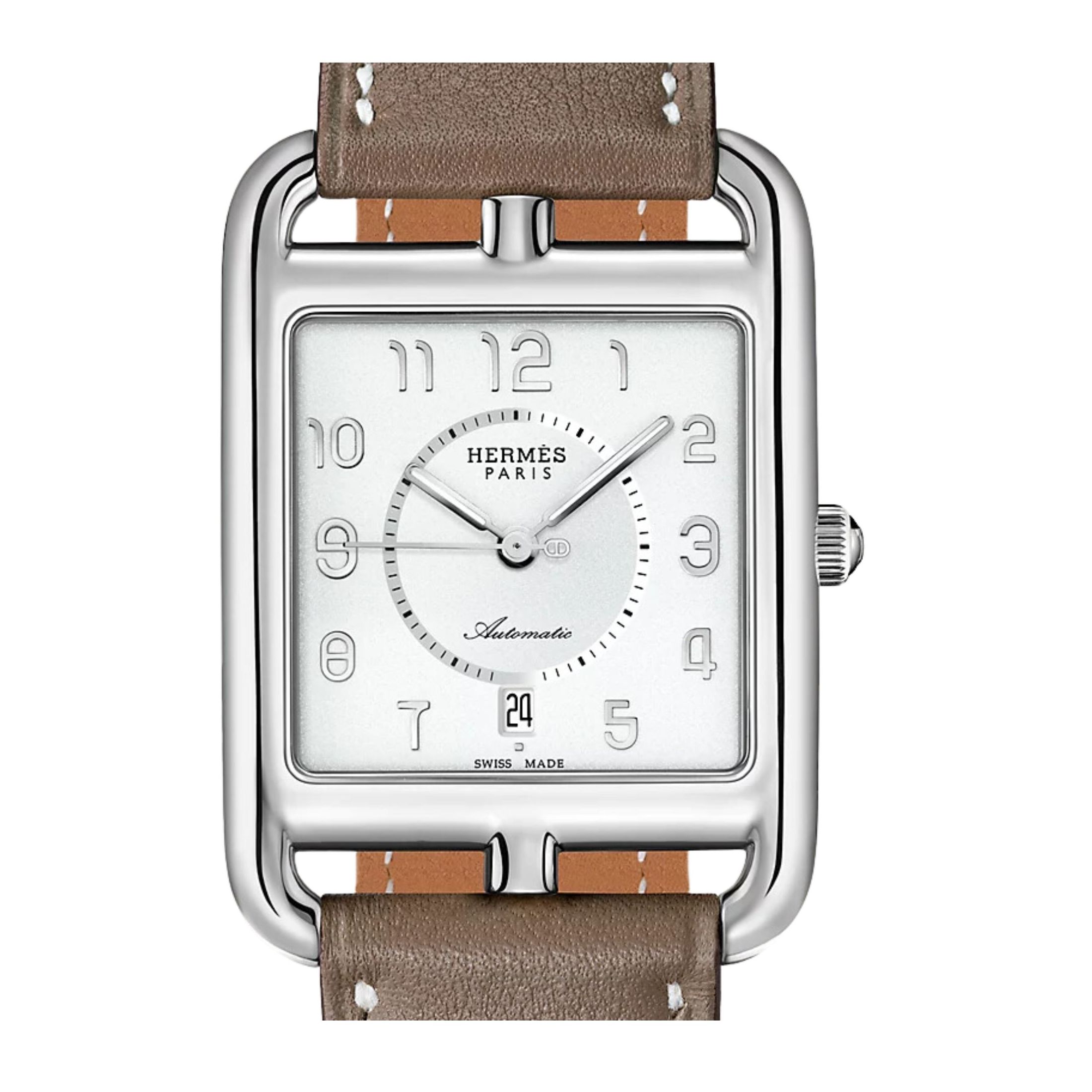 HERMÈS Cape Cod GM automatic watch white dial taupe leather strap