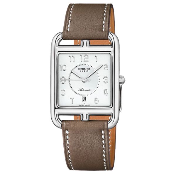 HERMÈS Cape Cod GM automatic watch white dial taupe leather strap