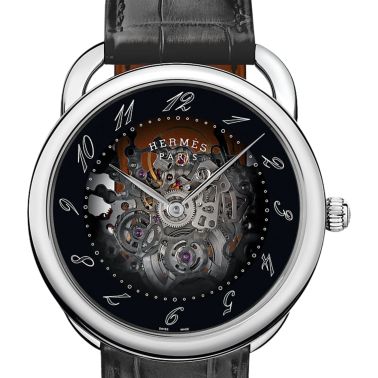 HERMÈS Arceau automatic watch black skeleton dial dark black leather strap 40 mm