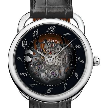 HERMÈS Arceau automatic watch black skeleton dial dark black leather strap 40 mm