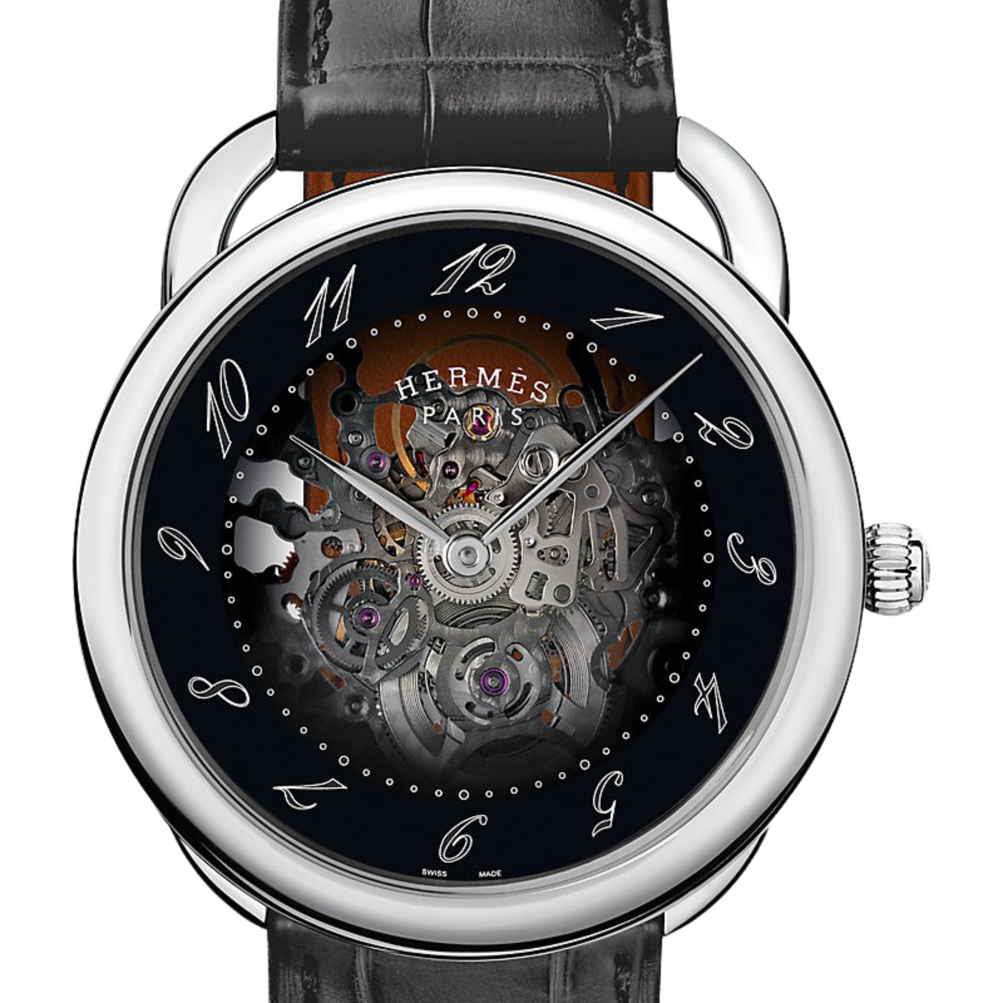 HERMÈS Arceau automatic watch black skeleton dial dark black leather strap 40 mm