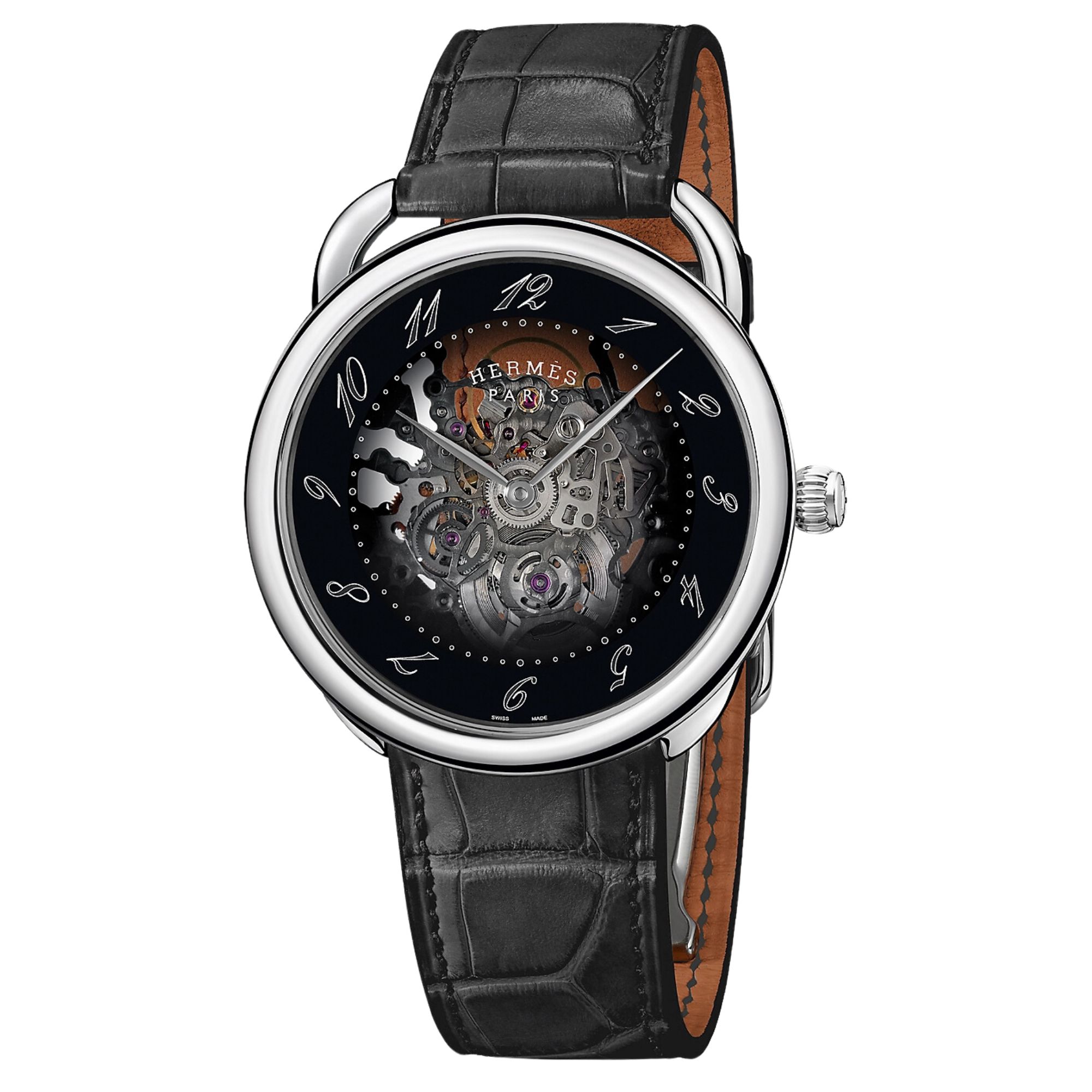 HERMÈS Arceau automatic watch black skeleton dial dark black leather strap 40 mm