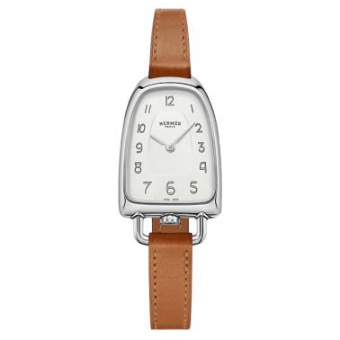 HERMÈS Galop d'Hermès Moyen Model quartz silver dial brown leather strap 32 mm