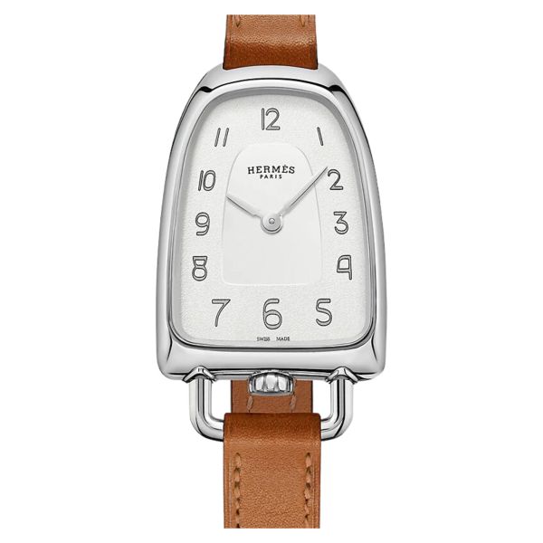 HERMÈS Galop d'Hermès Moyen Model quartz silver dial brown leather strap 32 mm