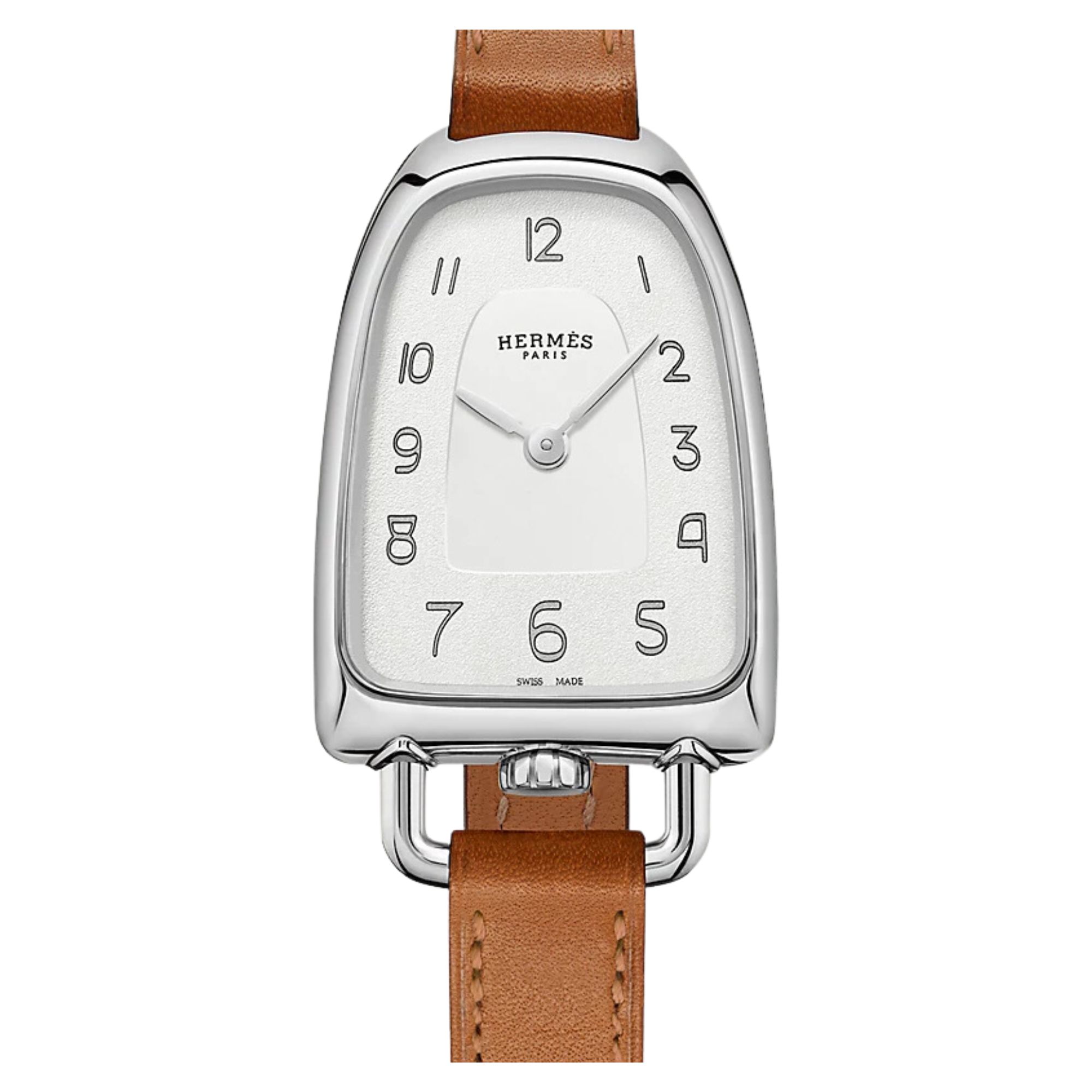 HERMÈS Galop d'Hermès Moyen Model quartz silver dial brown leather strap 32 mm