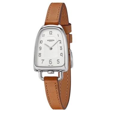 HERMÈS Galop d'Hermès Moyen Model quartz silver dial brown leather strap 32 mm