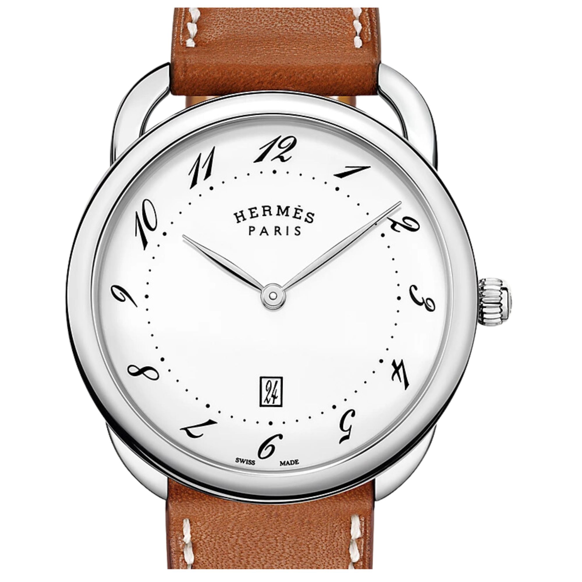 HERMÈS Arceau quartz watch white lacquered dial brown leather
