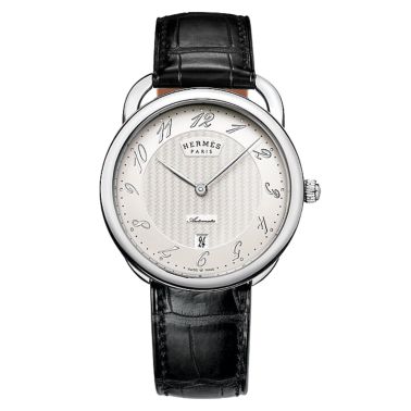 Montre HERMÈS Arceau mouvement manufacture cadran argenté bracelet cuir noir 40 mm