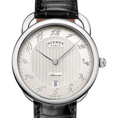 HERMÈS Arceau quartz watch white lacquered dial brown leather strap 40 mm