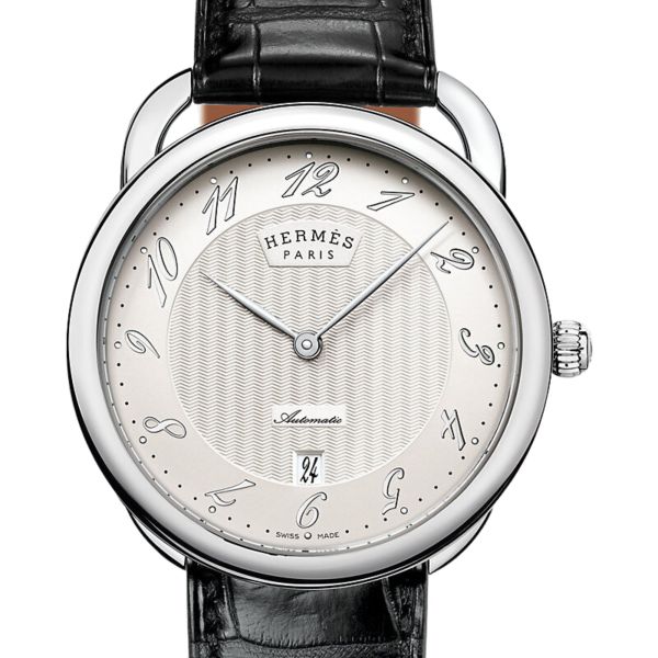 HERMÈS Arceau quartz watch white lacquered dial brown leather strap 40 mm