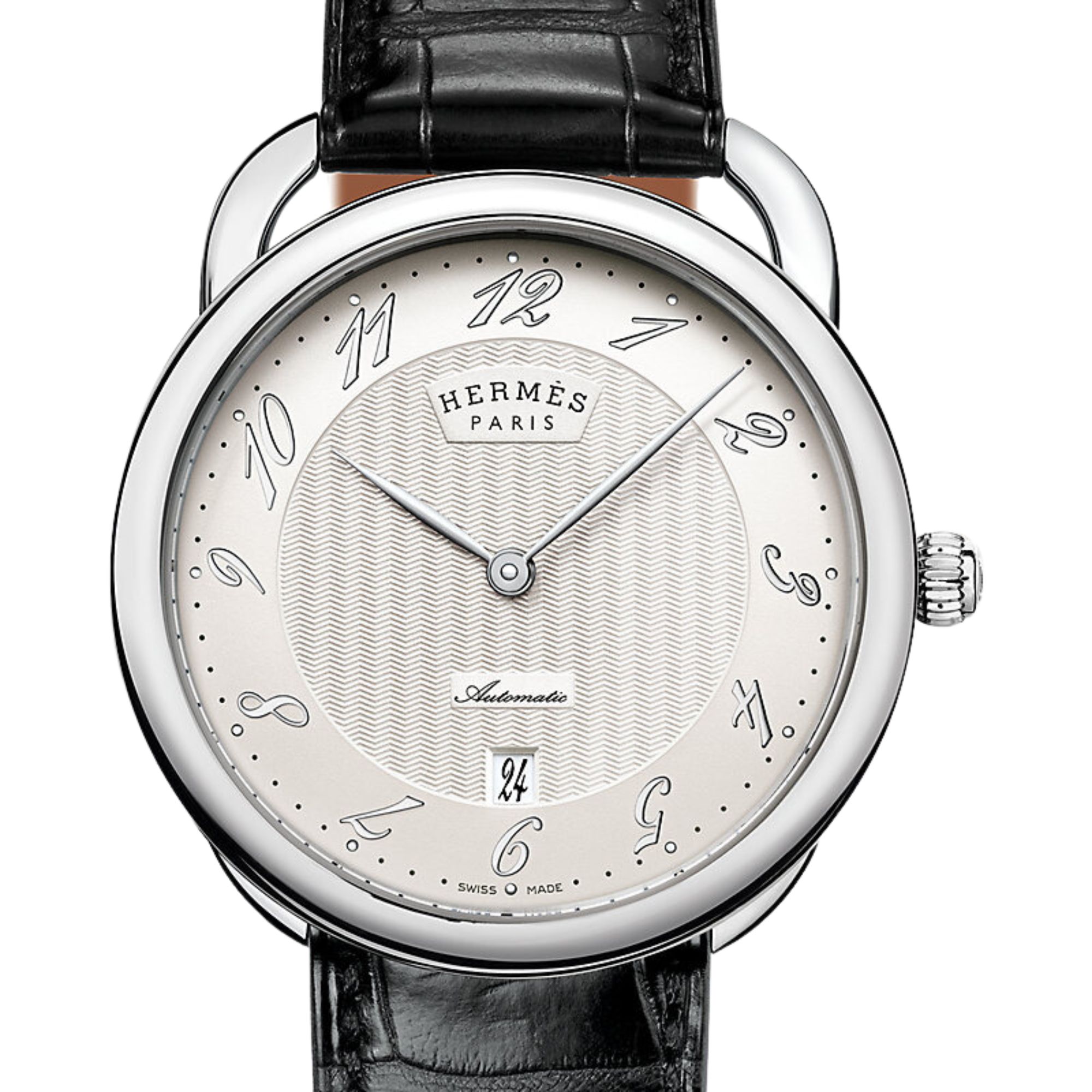 HERMÈS Arceau quartz watch white lacquered dial brown leather strap 40 mm