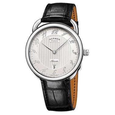 HERMÈS Arceau quartz watch white lacquered dial brown leather strap 40 mm