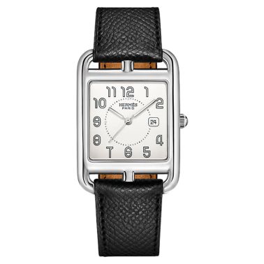 Montre HERMÈS Cape Cod Grand Modèle quartz cadran argenté bracelet cuir noir 37 mm