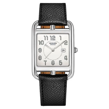 Montre HERMÈS Cape Cod Grand Modèle quartz cadran argenté bracelet cuir noir 37 mm