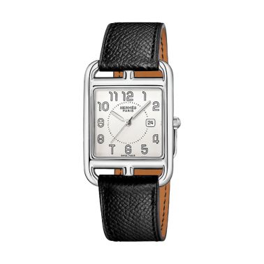 Montre HERMÈS Cape Cod Grand Modèle quartz cadran argenté bracelet cuir noir 37 mm