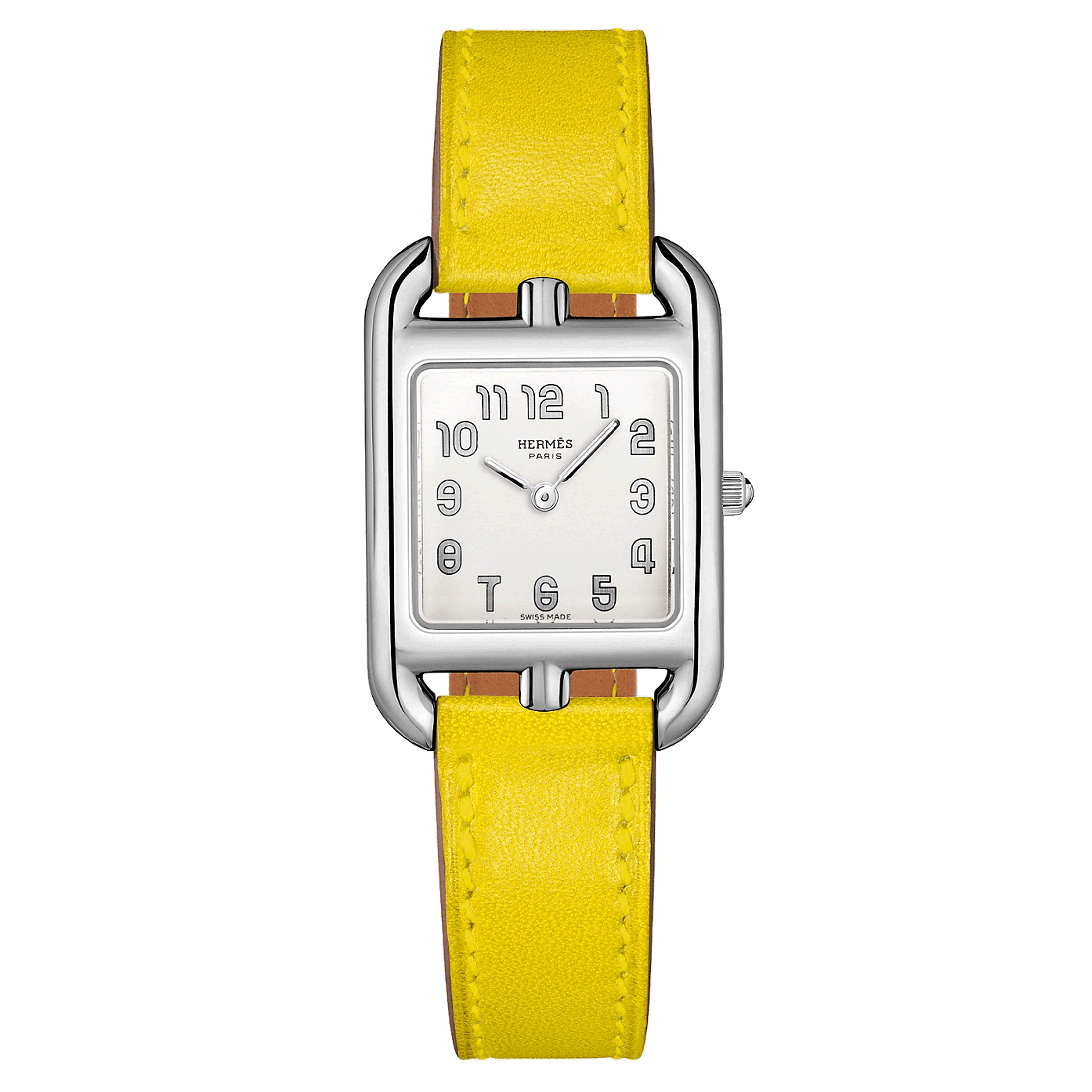 Montre HERMÈS Cape Cod Petit Modèle quartz cadran argenté bracelet cuir jaune de Naples 31 mm W055588WW00