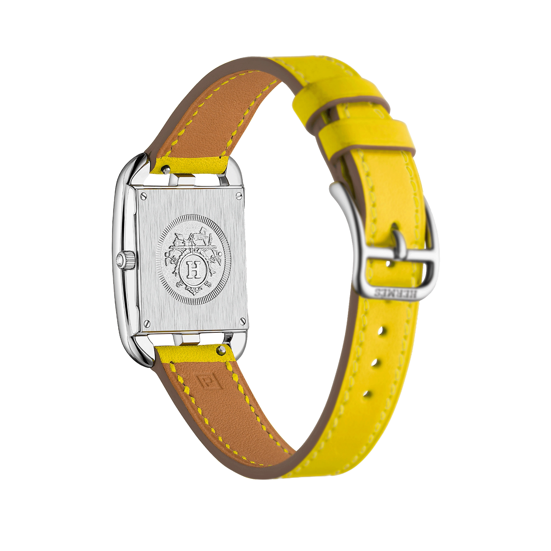Montre HERMÈS Cape Cod Petit Modèle quartz cadran argenté bracelet cuir jaune de Naples 31 mm W055588WW00
